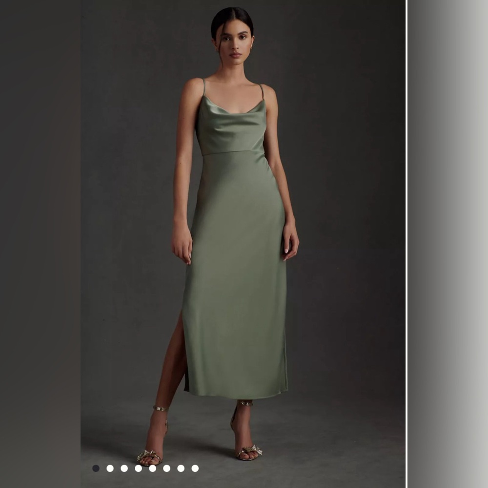 Cali Satin Cowl-Neck Midi Slip Dress in Moss | BHLDN NWT